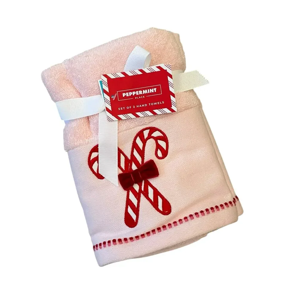Set of 2 Pink Christmas Hand Towels Peppermint Candy Cane Bow 100% Cotton NEW